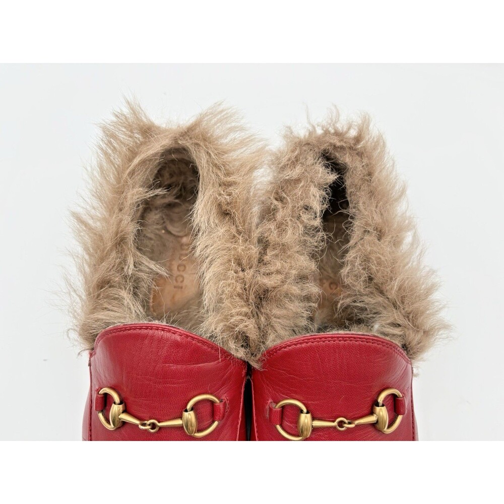 Gucci Red Leather Jordaan Loafers w/ Fur Shearling Trim & Gold Horse-bit EU 37 - Picture 7 of 10